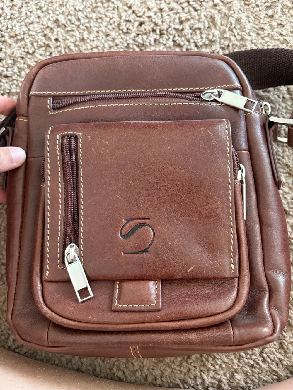 Men's Brown Leather Messenger Crossbody Bag with Front Zip Pocket